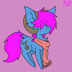 Size: 1000x1000 | Tagged: safe, artist:bunfoxx20studios, imported from derpibooru, oc, oc only, oc:bliss, oc:puffy bliss, earth pony, pony, chibi, clothes, commission, cute, goat horns, hair over eyes, horns, male, purple background, scarf, simple background, solo, tail, ych result, your character here