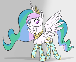 Size: 746x602 | Tagged: artist needed, safe, artist:wuzzlefluff, color edit, edit, editor:wuzzlefluff, imported from derpibooru, princess celestia, alicorn, pony, clothes, colored, drawthread, female, mare, original version needed, requested art, socks, solo, spread wings, thigh highs, wings