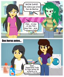 Size: 1697x2033 | Tagged: safe, artist:danielitamlp, imported from derpibooru, wallflower blush, oc, oc:dany melody, oc:flower melody, human, equestria girls, 2 panel comic, clothes, comic, detergent, eye clipping through hair, eyebrows, eyebrows visible through hair, female, flashback, indoors, mother, nervous, outdoors, spanish, spanish text, washing machine