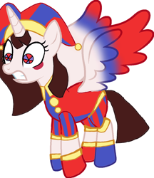 Size: 804x932 | Tagged: safe, artist:poleyfamilycrew0427, imported from derpibooru, alicorn, pony, anxious, crossover, female, hat, jester, jester hat, jester outfit, mare, pomni, ponified, ponmi, simple background, solo, the amazing digital circus, white background, wings