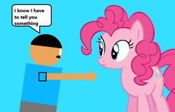 Size: 586x376 | Tagged: safe, artist:williamtheofficial, imported from derpibooru, pinkie pie, oc, oc:william, earth pony, human, pony, blue background, dialogue, female, looking at each other, looking at someone, male, mare, pointing, simple background