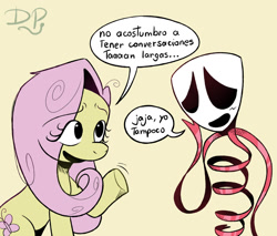 Size: 1280x1091 | Tagged: safe, artist:sunyook, imported from derpibooru, fluttershy, pegasus, crossover, cute, duo, duo female, female, friendshipping, gangle, mare, mask, ribbon, shy, shyabetes, spanish, talking, the amazing digital circus, translated in the description