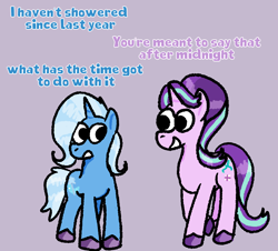 Size: 1198x1083 | Tagged: safe, artist:zoeyhorse, imported from derpibooru, starlight glimmer, trixie, pony, unicorn, colored hooves, dialogue, duo, duo female, female, hooves, horn, mare, open mouth, open smile, purple background, simple background, smiling