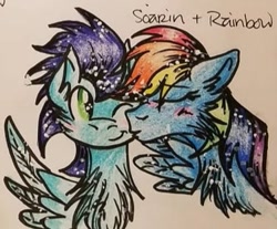 Size: 375x311 | Tagged: safe, imported from derpibooru, rainbow dash, soarin', pegasus, pony, cheek kiss, female, kissing, male, mare, shipping, soarindash, stallion, straight, traditional art