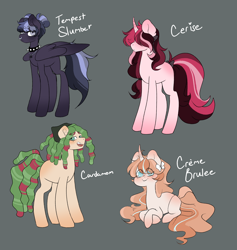 Size: 2756x2910 | Tagged: safe, artist:lilyube, imported from derpibooru, oc, oc:cardamom, oc:cerise, oc:creme brulee, oc:tempest slumber, earth pony, pegasus, pony, unicorn, bandana, beanbrows, bow, choker, dreadlocks, earth pony oc, eyebrows, eyebrows visible through hair, female, folded wings, freckles, frown, gray background, hair bow, hair over eyes, horn, jewelry, lying down, magical lesbian spawn, male, mare, necklace, nose piercing, nose ring, offspring, parent:big macintosh, parent:donut joe, parent:fleur-de-lis, parent:inky rose, parent:princess celestia, parent:rainbow dash, parent:tree hugger, parent:zephyr breeze, parents:fleurmac, parents:inkydash, parents:joelestia, parents:zephyrhugger, pegasus oc, piercing, prone, simple background, spiked choker, stallion, standing, unicorn oc, wings