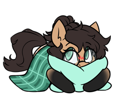 Size: 2377x1928 | Tagged: safe, artist:rivibaes, imported from derpibooru, part of a set, oc, oc only, oc:nixie tube, bat pony, earth pony, hybrid, wingless bat pony, blanket, blushing, coat markings, commission, dappled, eyebrows, eyebrows visible through hair, female, glasses, hug, pillow, pillow hug, simple background, socks (coat markings), solo, transparent background, wingless, ych result