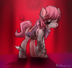 Size: 2945x2764 | Tagged: safe, artist:maretheory.exe, imported from derpibooru, oc, oc only, earth pony, pony, bags under eyes, bandage, bandaged leg, blood, clothes, gradient muzzle, gun, leg warmers, my putrid ponies, shotgun, weapon