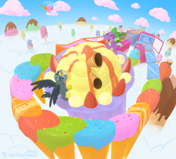 Size: 2269x2053 | Tagged: safe, artist:siemensohm, imported from derpibooru, gabby, spike, dragon, griffon, duo, duo male and female, eating, eyes closed, female, food, high res, ice cream, ice cream cone, male, open mouth, open smile, popsicle, puffy cheeks, smiling, winged spike, wings