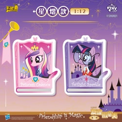 Size: 6250x6251 | Tagged: safe, imported from derpibooru, princess cadance, twilight sparkle, alicorn, pony, three's a crowd, badge, book, bust, castle, chinese, cutie mark, duo, duo female, feather pen, female, folded wings, glasses, harry potter (series), kayou, merchandise, musical instrument, my little pony, official, pen, portrait, spread wings, text, twilight sparkle (alicorn), wings