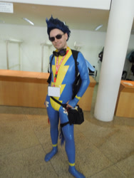 Size: 3456x4608 | Tagged: safe, artist:taharon, imported from derpibooru, soarin', human, 2013, clothes, convention, cosplay, costume, galacon, irl, irl human, latex, photo, solo, uniform, wonderbolts uniform