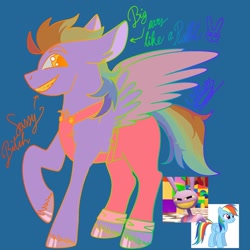 Size: 1024x1024 | Tagged: safe, artist:will._.blackwood, imported from derpibooru, rainbow dash, oc, oc only, pegasus, rabbit, adoptable, animal, clothes, crossover, female, fusion:jax (tadc), fusion:rainbow dash, grin, jax (tadc), male, mare, overalls, smiling, stallion, teeth, the amazing digital circus