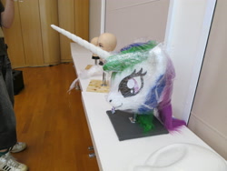 Size: 4000x3000 | Tagged: safe, artist:atalonthedeer, imported from derpibooru, princess celestia, 2013, disembodied head, fursuit head, galacon, irl, photo, ponysuit, table, trio