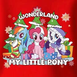 Size: 1184x1184 | Tagged: safe, imported from derpibooru, pinkie pie, rainbow dash, rarity, earth pony, pegasus, pony, unicorn, christmas, christmas tree, clothes, female, front view, hat, holiday, horn, looking at you, official, outfit, present, raised hoof, santa hat, smiling, snow, snowflake, socks, text, tree, winter outfit