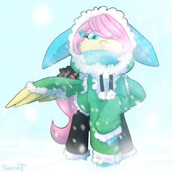 Size: 2000x2000 | Tagged: safe, artist:sinrinf, imported from derpibooru, fluttershy, bird, pegasus, pony, animal, bunny ears, bunny suit, clothes, scarf, snow, snowfall, solo, winter, winter outfit