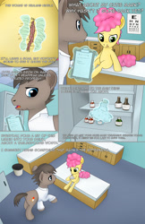 Size: 1989x3072 | Tagged: safe, artist:anonymousandrei, derpibooru exclusive, imported from derpibooru, li'l cheese, earth pony, pony, comic:life of li'l cheese, the last problem, blank flank, colt, comic, dialogue, doctor, doctor's office, foal, glowing, glowing horn, horn, magic, male, potion, scar, stallion, telekinesis, text