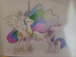 Size: 4096x3072 | Tagged: safe, artist:victoric1993, imported from derpibooru, princess celestia, twilight sparkle, alicorn, pony, unicorn, friendship is magic, horn, jewelry, my little pony, regalia, scene interpretation, simple background, traditional art, white background