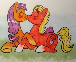 Size: 1577x1281 | Tagged: safe, artist:hyper radar, imported from derpibooru, sprout cloverleaf, sunny starscout, earth pony, pony, 2d, blushing, female, g5, grass, happy, kissing, male, photo, simple background, smiling, traditional art, vkontakte