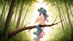 Size: 2688x1536 | Tagged: safe, imported from twibooru, princess celestia, alicorn, pony, ai content, ai generated, crossed legs, facing away, female, forest, full body, generator:zoinksnoob, horn, image, mare, needs more jpeg, prompter:siber, scenery, sitting, solo, spine, tree, tree branch, underhoof