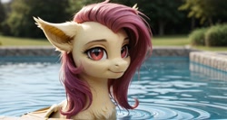 Size: 3360x1792 | Tagged: prompter needed, safe, imported from twibooru, fluttershy, bat pony, pony, ai content, ai generated, bat ponified, chest fluff, female, flutterbat, image, needs more jpeg, race swap, smiling, solo, solo female, swimming pool, water, wet