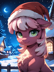 Size: 1496x2000 | Tagged: safe, imported from twibooru, cheerilee, earth pony, pony, ai content, ai generated, blushing, chest fluff, christmas, clothes, crescent moon, ear fluff, female, fluffy, generator:prefect pony xl, generator:stable diffusion, hat, holiday, image, looking at you, mare, moon, moonlight, night, outdoors, png, ponyville, prompter:lagerai, santa hat, smiling, smiling at you, snow, solo, winter