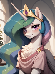 Size: 1496x2000 | Tagged: safe, imported from twibooru, princess celestia, alicorn, pony, ai content, ai generated, bedroom eyes, blushing, chest fluff, clothes, crown, dress, ear fluff, female, fluffy, generator:prefect pony xl, generator:stable diffusion, horn, image, indoors, jewelry, looking at you, plants, png, prompter:lagerai, regalia, sitting, smiling, smiling at you, solo, solo female, window, wings