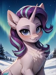 Size: 1496x2000 | Tagged: safe, imported from twibooru, starlight glimmer, pony, unicorn, ai content, ai generated, aurora borealis, bedroom eyes, blushing, chest fluff, ear fluff, female, fluffy, forest, generator:prefect pony xl, generator:stable diffusion, horn, image, looking at you, mare, mountain, night, png, prompter:lagerai, sitting, smiling, smiling at you, solo, starry sky, tree, winter