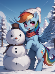 Size: 1496x2000 | Tagged: safe, imported from twibooru, rainbow dash, pegasus, pony, ai content, ai generated, bedroom eyes, blushing, chest fluff, clothes, cute, ear fluff, female, fluffy, forest, generator:prefect pony xl, generator:stable diffusion, image, looking at you, mare, outdoors, png, prompter:lagerai, scarf, smiling, smiling at you, snow, snowman, solo, spread wings, tree, wings, winter, winter hat