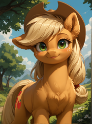 Size: 1496x2000 | Tagged: safe, imported from twibooru, applejack, earth pony, pony, ai content, ai generated, bedroom eyes, blushing, chest fluff, cloud, ear fluff, female, field, fluffy, forest, generator:rainponyxl, generator:stable diffusion, image, looking at you, mare, outdoors, png, prompter:lagerai, sky, smiling, smiling at you, solo, tree