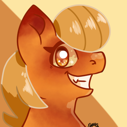 Size: 1280x1280 | Tagged: safe, artist:galactichooves, imported from derpibooru, oc, oc only, oc:paitony, earth pony, pony, blonde, blonde mane, bread, bust, digital art, fangs, food, icon, looking at you, male, orange eyes, orange pony, shiny eyes, smiling, smiling at you, solo