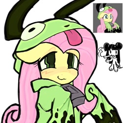 Size: 1499x1492 | Tagged: safe, artist:poniesinmyhead, imported from derpibooru, fluttershy, pegasus, pony, antonymph, bust, clothes, female, fluttgirshy, gir, hoodie, invader zim, mare, simple background, smiling, solo, vylet pony, white background