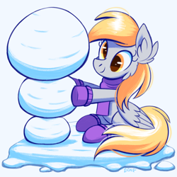 Size: 2000x2000 | Tagged: safe, artist:candy meow, imported from derpibooru, derpy hooves, pegasus, pony, building snowman, cheek fluff, clothes, ear fluff, female, gloves, looking at something, mare, scarf, simple background, sitting, snow, snowman, solo, winter