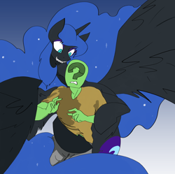 Size: 3600x3591 | Tagged: safe, artist:ponny, imported from derpibooru, nightmare moon, oc, oc:anon, alicorn, human, pony, clothes, colored, hug, human and pony, shirt, smiling, toothy grin, worried