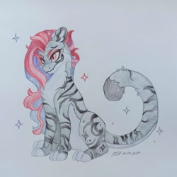 Size: 961x961 | Tagged: safe, artist:jjsh, imported from derpibooru, oc, oc only, big cat, hybrid, pony, tiger, female, hybrid oc, mare, pencil drawing, sitting, solo, stripes, tiger oc, traditional art