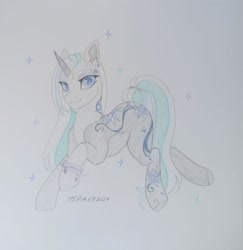 Size: 873x898 | Tagged: safe, artist:jjsh, imported from derpibooru, oc, oc only, pony, unicorn, female, gem, horn, looking at you, mare, pencil drawing, raised hoof, solo, traditional art