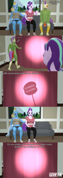 Size: 1920x5399 | Tagged: safe, artist:gradiusfanatic, imported from derpibooru, starlight glimmer, trixie, oc, oc:shuffle, anthro, earth pony, unicorn, 3d, absurd resolution, comic, earth pony oc, female, horn, male, source filmmaker, spanish text, tribal pony