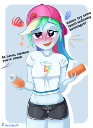 Size: 1000x1375 | Tagged: safe, artist:steyrrdash, derpibooru exclusive, imported from derpibooru, rainbow dash, human, equestria girls, blushing, cap, clothes, dialogue, drunk, drunk bubbles, emanata, female, hat, shorts, solo