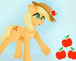 Size: 1024x818 | Tagged: safe, artist:yenne_sistint, imported from derpibooru, applejack, earth pony, pony, apple, applejack's hat, cowboy hat, food, green eyes, hat, simple background