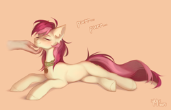 Size: 4520x2894 | Tagged: safe, artist:miurimau, imported from derpibooru, roseluck, earth pony, pony, behaving like a cat, belly, collar, commission, commissioner:doom9454, concave belly, cute, eyes closed, hand, lying down, offscreen character, offscreen human, pet tag, petting, pony pet, purring, rosepet