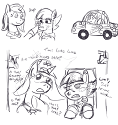 Size: 800x849 | Tagged: safe, artist:jargon scott, imported from derpibooru, oc, oc only, oc:limit state, oc:low rider, pegasus, pony, unicorn, boop, car, clothes, dialogue, driving, female, grayscale, hard hat, hat, horn, mare, monochrome, necktie, open mouth, pegasus oc, smiling, sticker, unicorn oc, wings