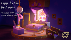 Size: 3840x2160 | Tagged: safe, artist:psfmer, imported from derpibooru, spike, 3d, 3d model, bed, bedroom, caption, cellphone, computer, crystal brighthouse, download at source, downloadable, g5, implied pipp petals, indoors, laptop computer, microphone, mirror, no pony, painting, phone, pillow, pipp petals's bedroom, plushie, smartphone, source filmmaker, spike plushie, star pillow, text