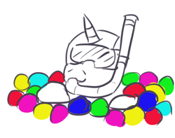 Size: 441x348 | Tagged: safe, artist:jargon scott, imported from derpibooru, oc, oc:limit state, pony, unicorn, ball, ball pit, female, horn, mare, partial color, scuba gear, smiling, snorkel, solo, unicorn oc