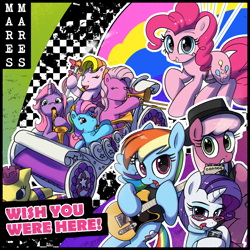 Size: 2400x2400 | Tagged: safe, artist:vultraz, cheerilee, cheerilee (g3), pinkie pie, pinkie pie (g3), rainbow dash, rainbow dash (g3), rarity, rarity (g3), earth pony, pegasus, pony, unicorn, crystal carriage, female, flying, generation leap, guitar, hat, mare, musical instrument, outfit, saxophone, single cover, text, trilby, trombone, trumpet, wish you were here, wish you were here (song)