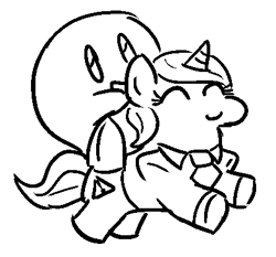 Size: 419x390 | Tagged: safe, artist:jargon scott, imported from derpibooru, oc, oc:limit state, pony, unicorn, black and white, duo, eyes closed, female, grayscale, horn, kirby, kirby (series), mare, monochrome, puffball, riding, riding a pony, simple background, smiling, tail, unicorn oc, white background