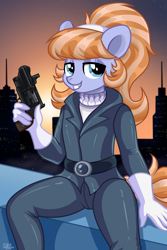 Size: 2000x3000 | Tagged: safe, artist:sunamoonmlp, derpibooru exclusive, imported from derpibooru, oc, oc only, oc:beach glow, anthro, earth pony, pony, city, clothes, commission, cosplay, costume, cute, gun, kitty katswell, looking at you, male, smiling, smiling at you, stallion, teeth, tuff puppy, weapon