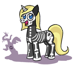 Size: 852x708 | Tagged: safe, artist:jargon scott, imported from derpibooru, oc, oc only, oc:limit state, pony, unicorn, clothes, costume, female, halloween, halloween costume, holiday, horn, mare, open mouth, open smile, simple background, skeleton costume, smiling, solo, tail, white background