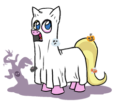 Size: 852x708 | Tagged: safe, artist:jargon scott, imported from derpibooru, oc, oc only, oc:limit state, bat, ghost, pony, undead, unicorn, bedsheet ghost, clothes, costume, female, ghost costume, halloween, halloween costume, holiday, horn, jack-o-lantern, mare, open mouth, open smile, pumpkin, simple background, smiling, solo, sticker, tail, white background