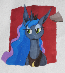 Size: 1137x1280 | Tagged: safe, artist:darkhestur, imported from derpibooru, princess luna, oc, oc:dark, alicorn, bust, looking sideways, marker drawing, partial offscreen character, simple background, traditional art, whispering