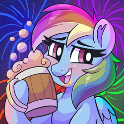 Size: 2457x2454 | Tagged: safe, artist:graphene, imported from derpibooru, rainbow dash, pegasus, pony, blushing, cider, female, fireworks, mare, mug, solo, tankard