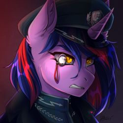 Size: 1300x1300 | Tagged: safe, artist:serodart, imported from derpibooru, oc, oc only, oc:lina phantom, pony, unicorn, equestria at war mod, angry, bust, cap, clothes, digital art, ear fluff, ember eyes, female, hat, horn, looking right, military uniform, monocle, new lunar republic, portrait, red background, simple background, solo, solo female, uniform