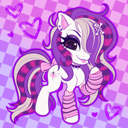 Size: 1500x1500 | Tagged: safe, artist:pinxpony, imported from derpibooru, oc, oc only, oc:kandi kadaver, earth pony, pony, clothes, coontails, ear piercing, earth pony oc, fishnet clothing, fishnet gloves, gloves, leg warmers, piercing, solo